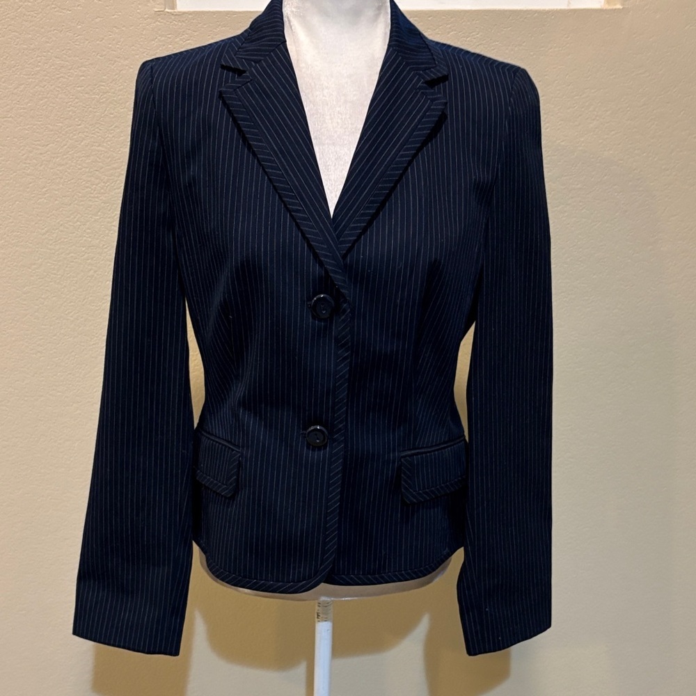Liz Claiborne Navy Pinstripe Cotton Shell Blazer Fully Lined Faux Pockets-10